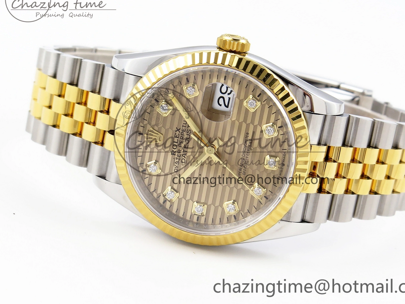 Good Copy Rolex Watches Best 904L on VS Premium Edition 1897 YG Diamonds 1:1 36 Jubilee Steel Textured SS Bracelet DateJust 126233 Dial VSF 0102